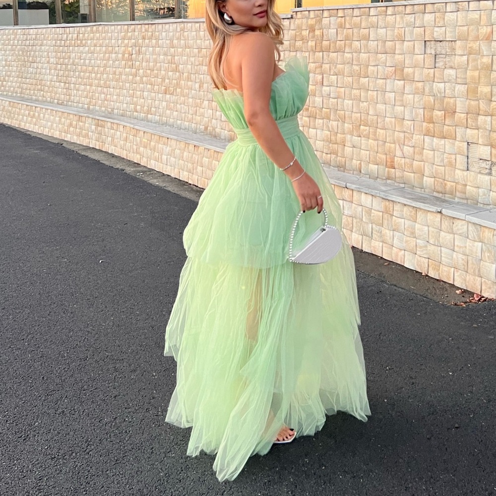 Strapless Tulle high low maxi Apple Green Gown
